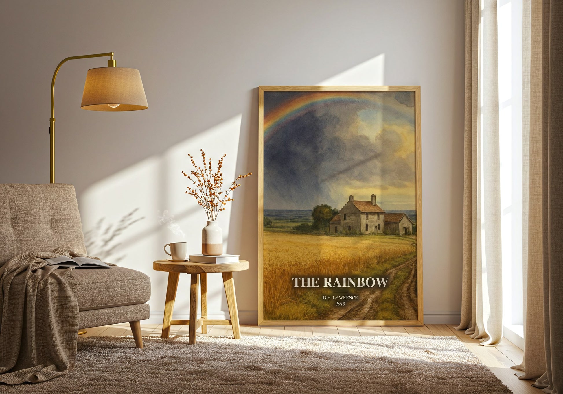 The Rainbow watercolour print in frame leaning in hallway – literary fiction wall art