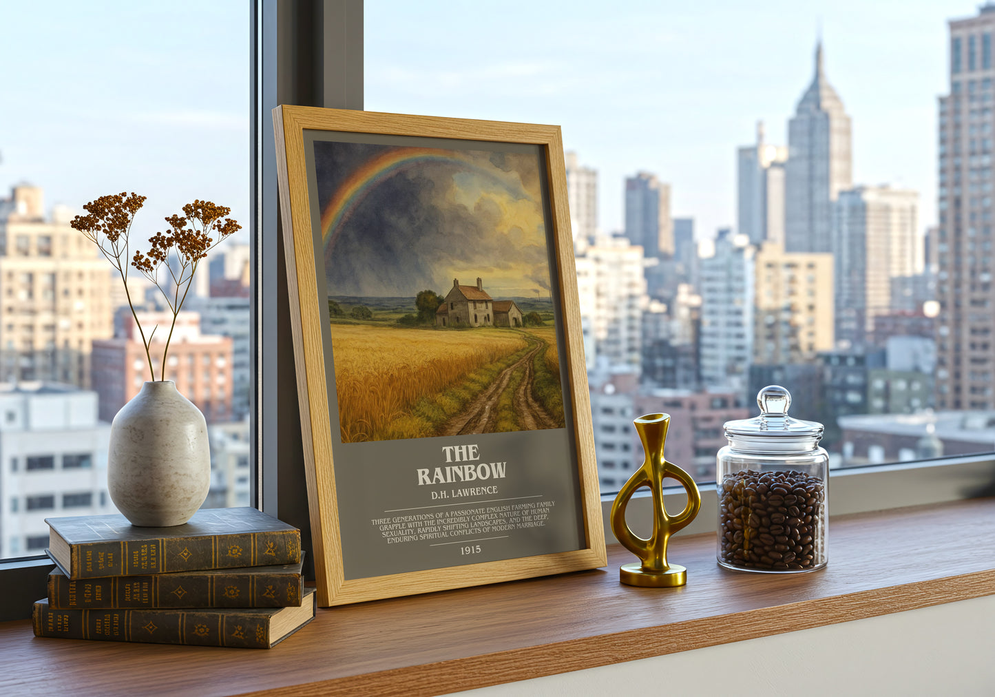 The Rainbow bookish print framed by window – literary home decor