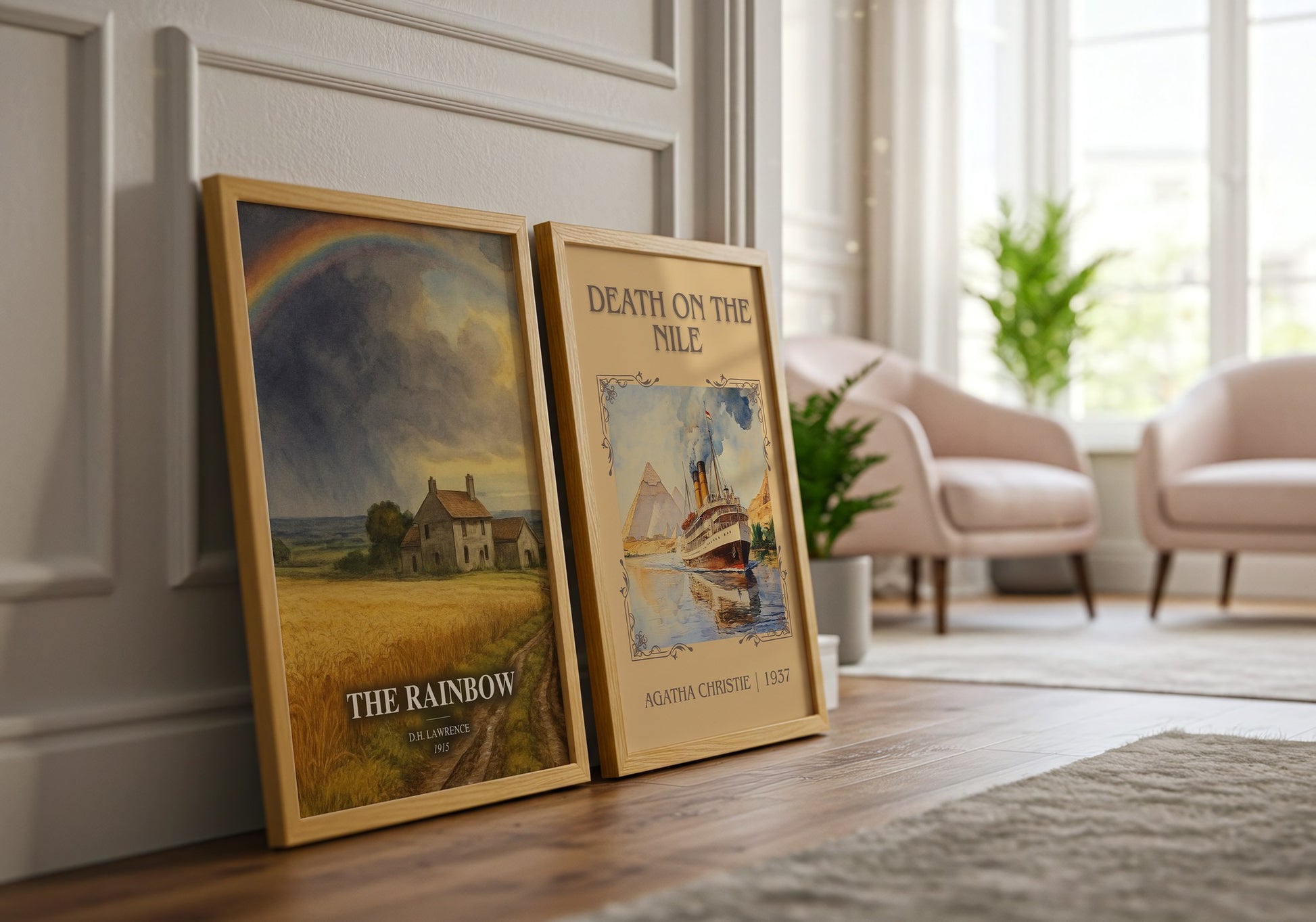 The Rainbow watercolour print framed by window – literary home decor