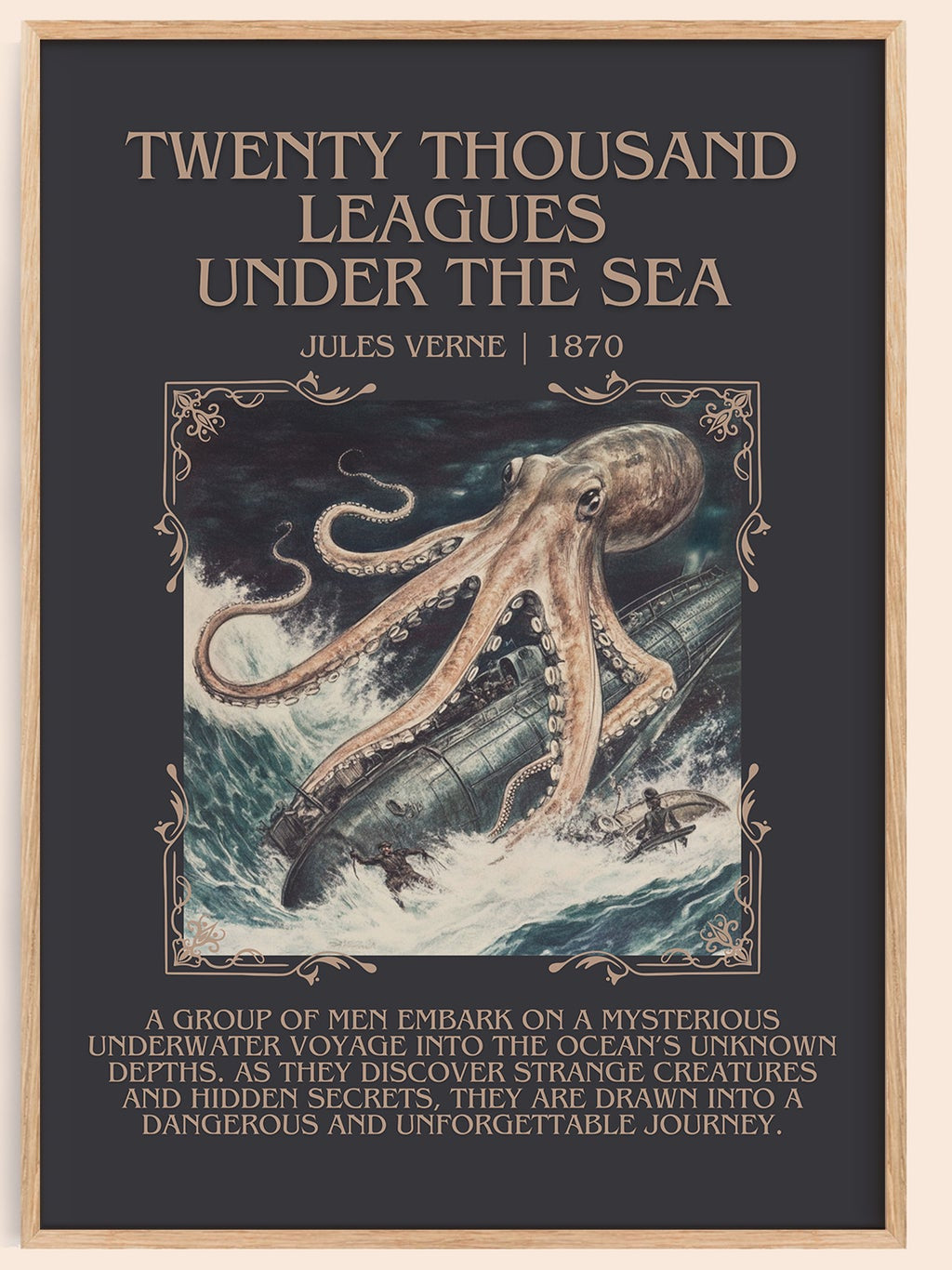 Twenty Thousand Leagues Under the Sea minimalist book poster by Jules Verne – framed literary art print