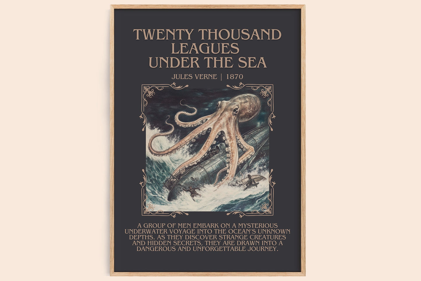 Twenty Thousand Leagues Under the Sea minimalist book poster by Jules Verne – framed literary art print