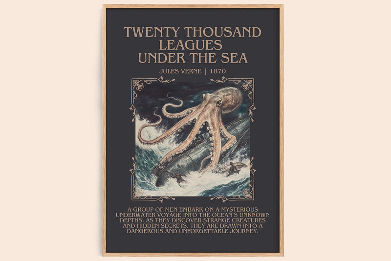 Twenty Thousand Leagues Under the Sea minimalist book poster by Jules Verne – framed literary art print
