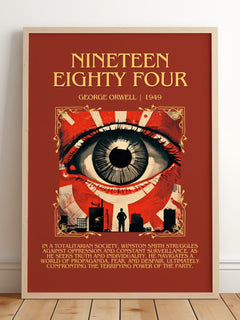 1984 Minimalist Book Poster by George Orwell – framed print leaning on a wooden floor