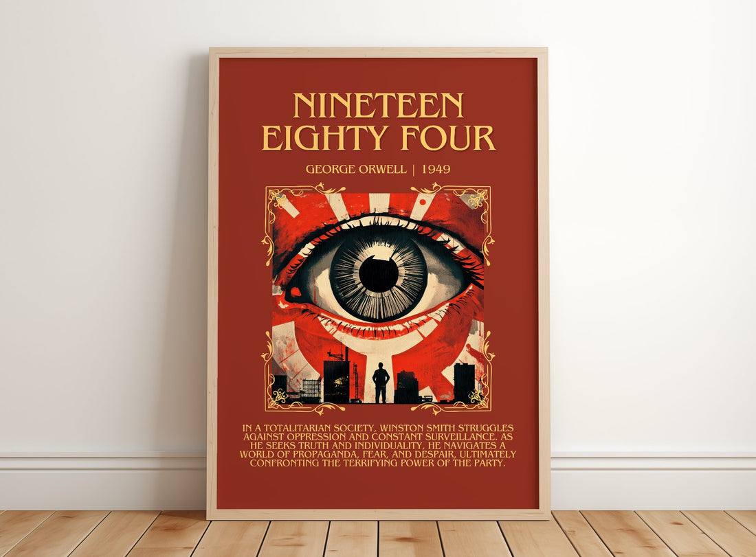 1984 Minimalist Book Poster by George Orwell – framed print leaning on a wooden floor