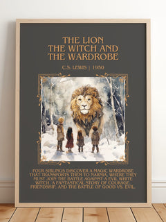 Lion, the Witch and the Wardrobe Minimalist Book Poster by C. S. Lewis – framed print leaning on a wooden floor