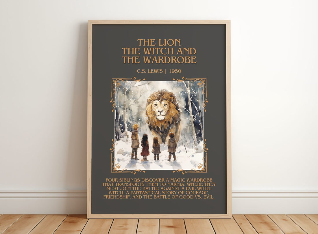 Lion, the Witch and the Wardrobe Minimalist Book Poster by C. S. Lewis – framed print leaning on a wooden floor