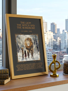 Lion, the Witch and the Wardrobe Minimalist Book Poster by C. S. Lewis – framed print on a city-view windowsill