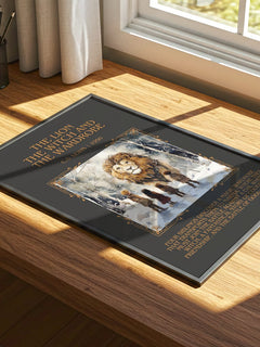 Lion, the Witch and the Wardrobe Minimalist Book Poster by C. S. Lewis – print on a sunlit desk
