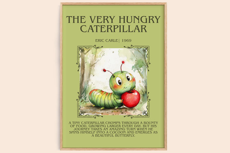 The Very Hungry Caterpillar minimalist book poster by Eric Carle – framed literary art print