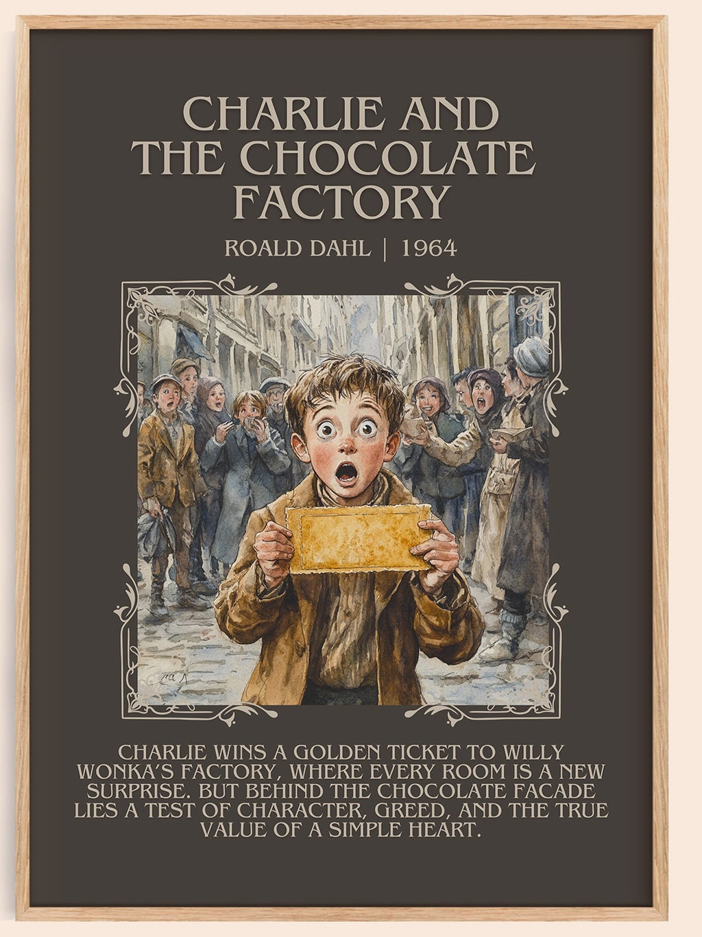 Charlie and the Chocolate Factory minimalist book poster by Roald Dahl – framed literary art print