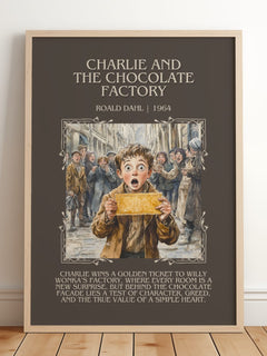 Charlie and the Chocolate Factory Minimalist Book Poster by Roald Dahl – framed print leaning on a wooden floor