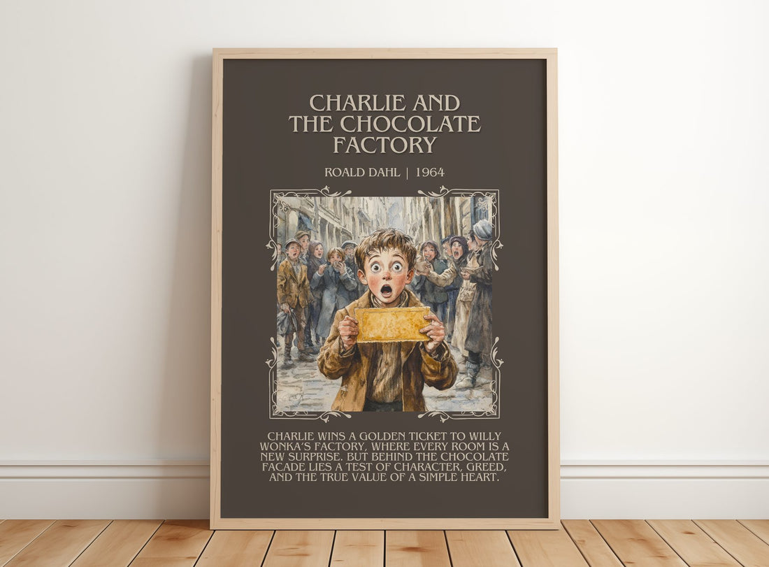 Charlie and the Chocolate Factory Minimalist Book Poster by Roald Dahl – framed print leaning on a wooden floor