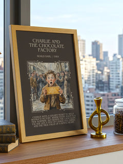 Charlie and the Chocolate Factory Minimalist Book Poster by Roald Dahl – framed print on a city-view windowsill