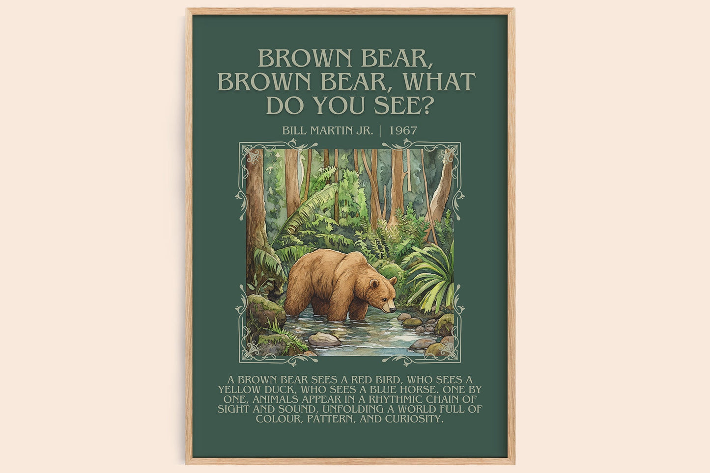 Brown Bear, Brown Bear, What Do You See? minimalist book poster by Bill Martin, Jr. – framed literary art print