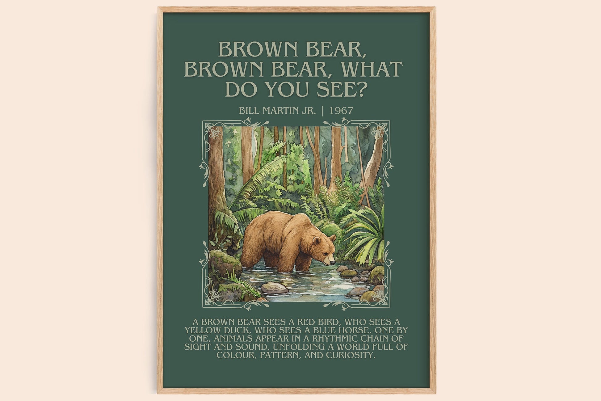 Brown Bear, Brown Bear, What Do You See? minimalist book poster by Bill Martin, Jr. – framed literary art print