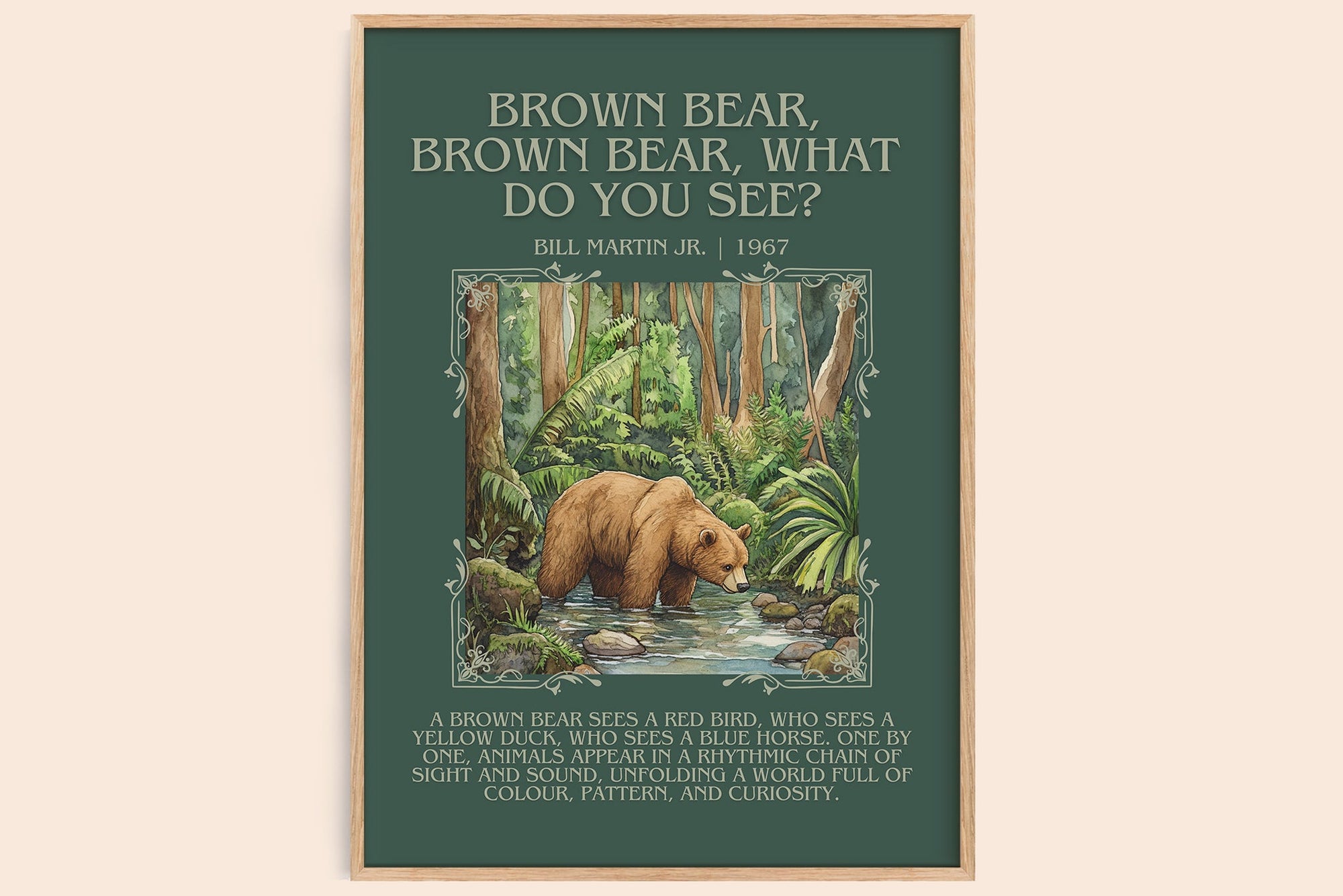Brown Bear, Brown Bear, What Do You See? minimalist book poster by Bill Martin, Jr. – framed literary art print