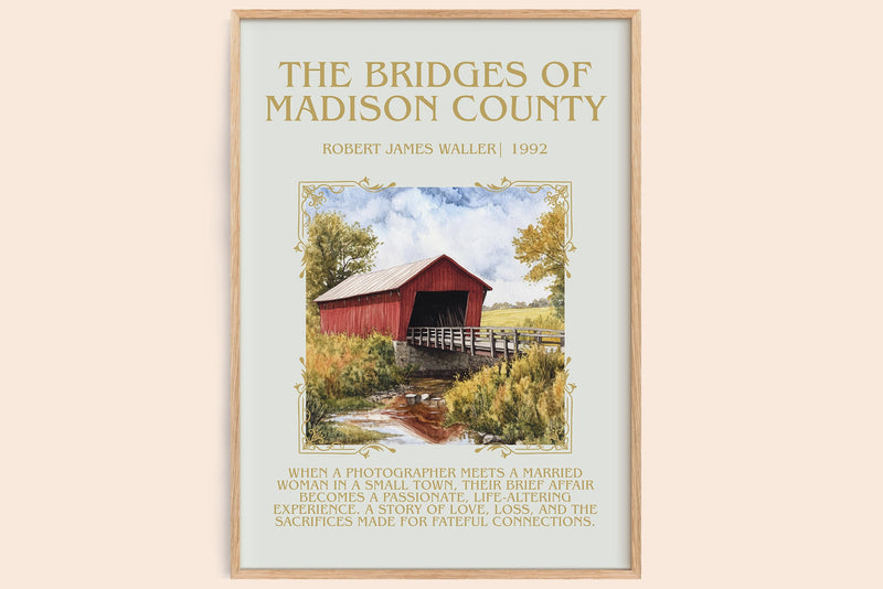 The Bridges of Madison County minimalist book poster by Robert James Waller – framed literary art print