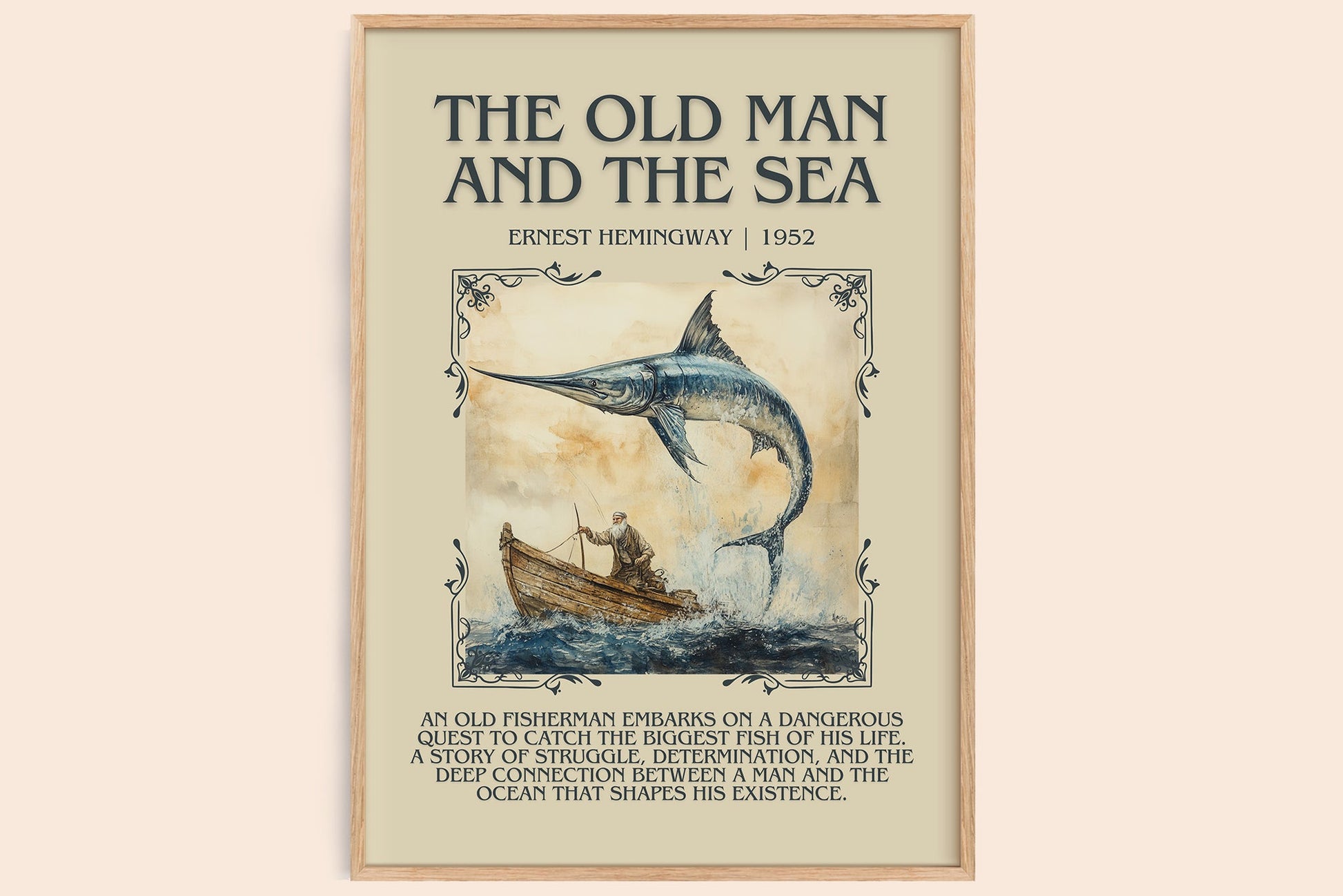 The Old Man and the Sea minimalist book poster by Ernest Hemingway – framed literary art print