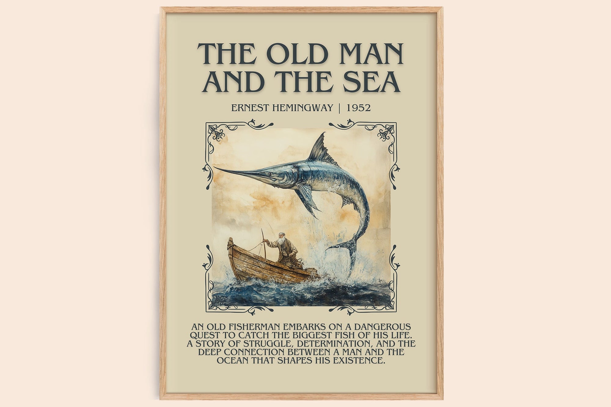 The Old Man and the Sea minimalist book poster by Ernest Hemingway – framed literary art print