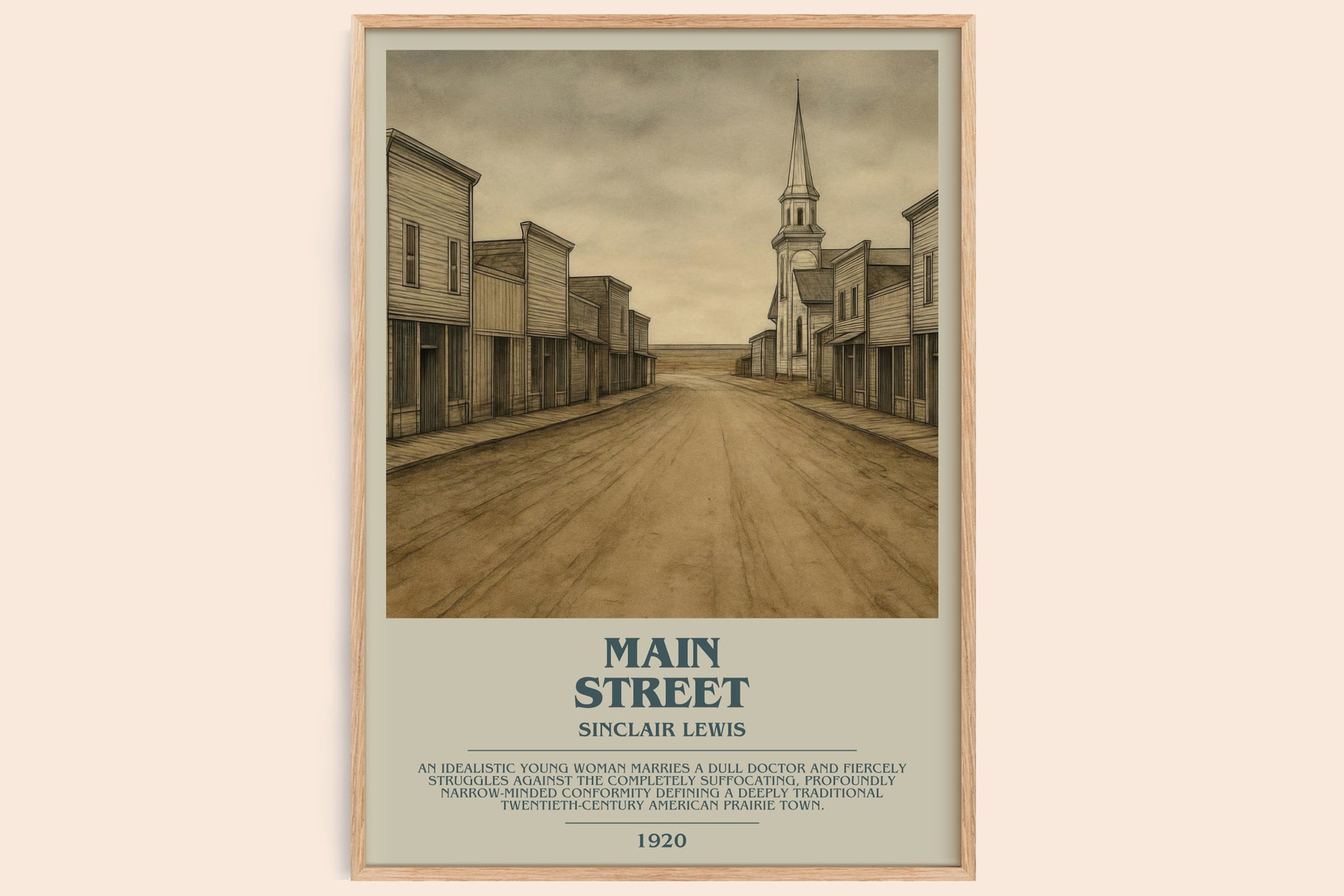 Main Street bookish book poster by Sinclair Lewis – framed literary art print