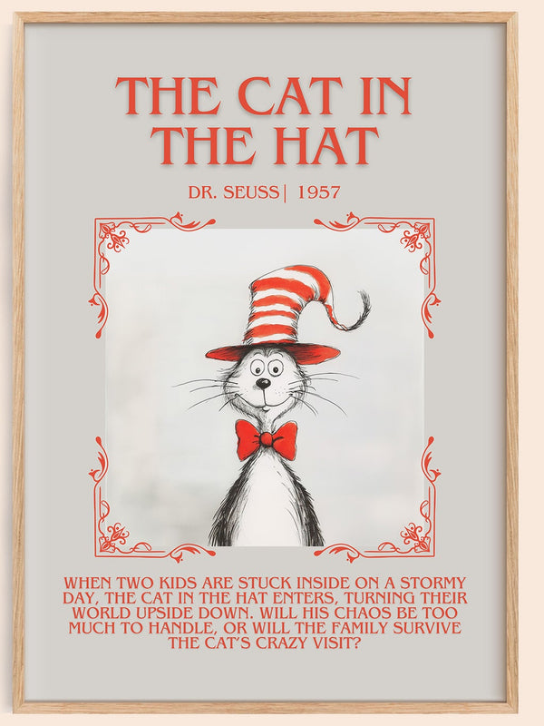 The Cat in the Hat minimalist book poster by Dr. Seuss – framed literary art print