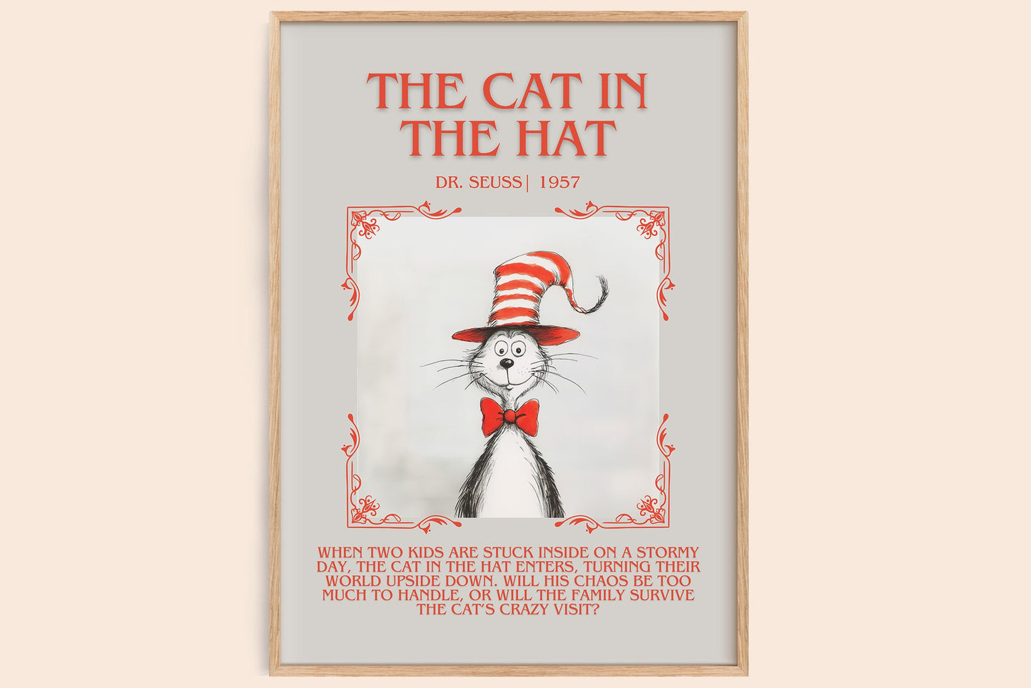 The Cat in the Hat minimalist book poster by Dr. Seuss – framed literary art print
