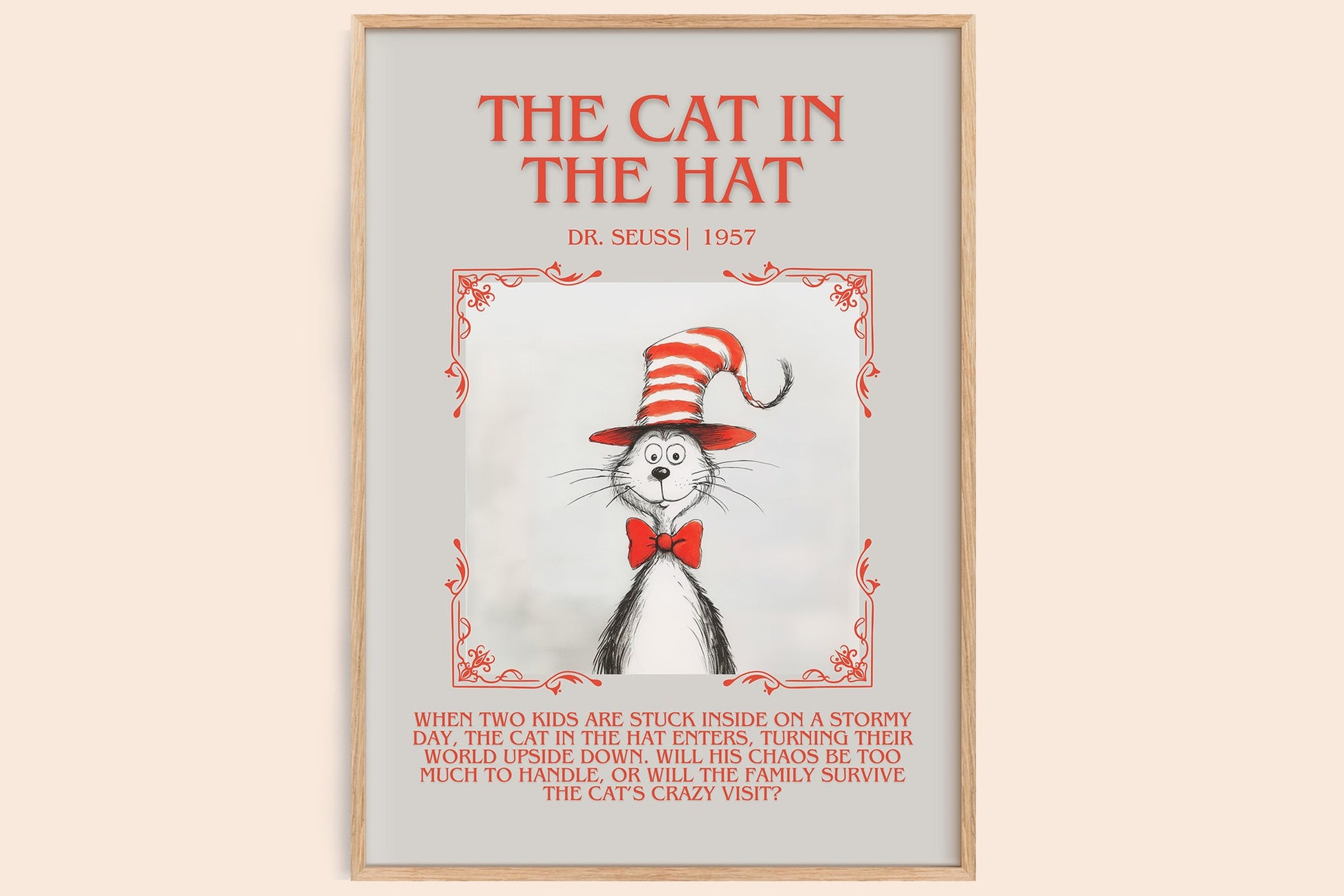 The Cat in the Hat minimalist book poster by Dr. Seuss – framed literary art print