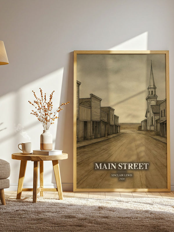 Main Street watercolour print in frame leaning in hallway – satire wall art