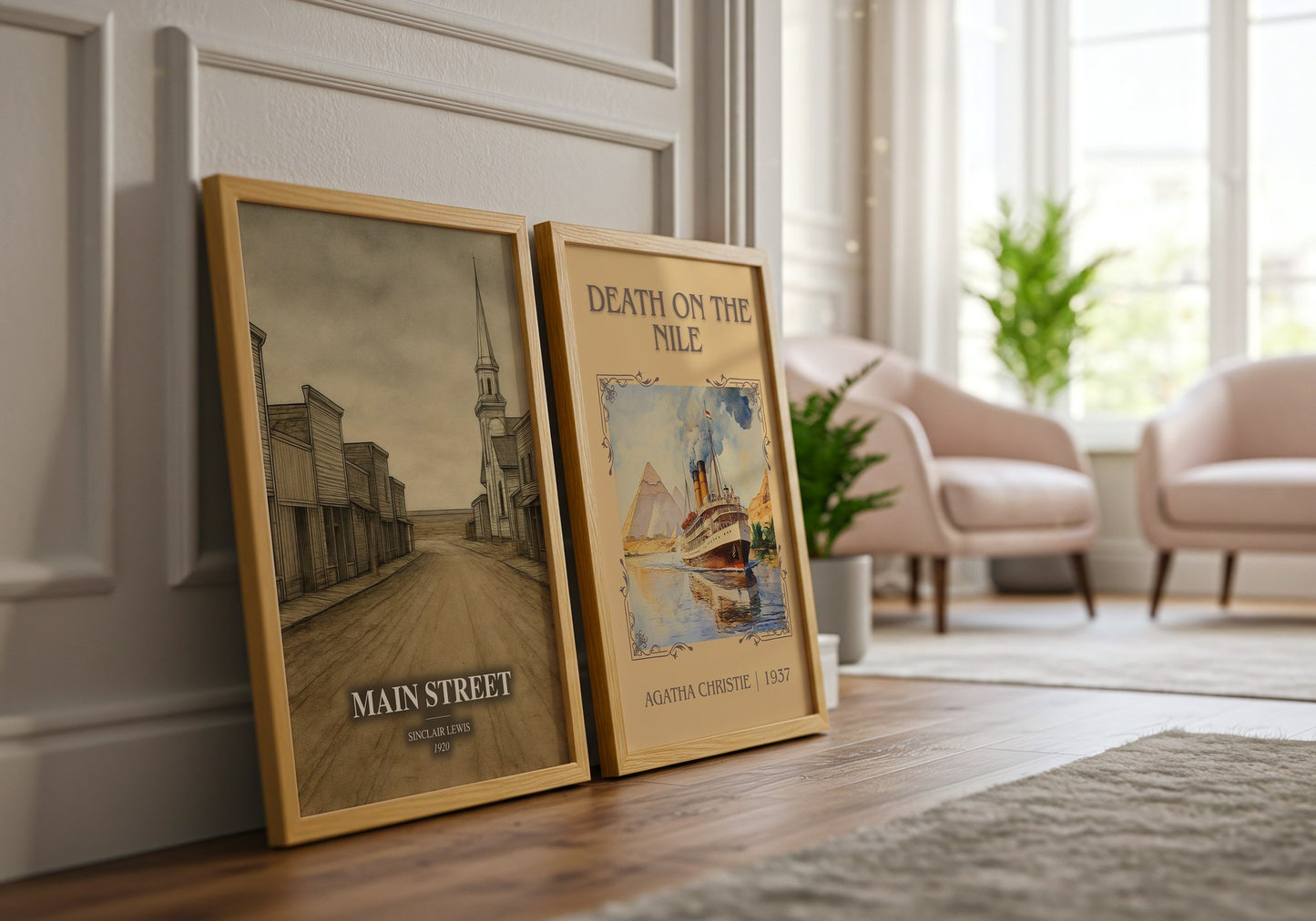 Main Street watercolour print framed by window – literary home decor