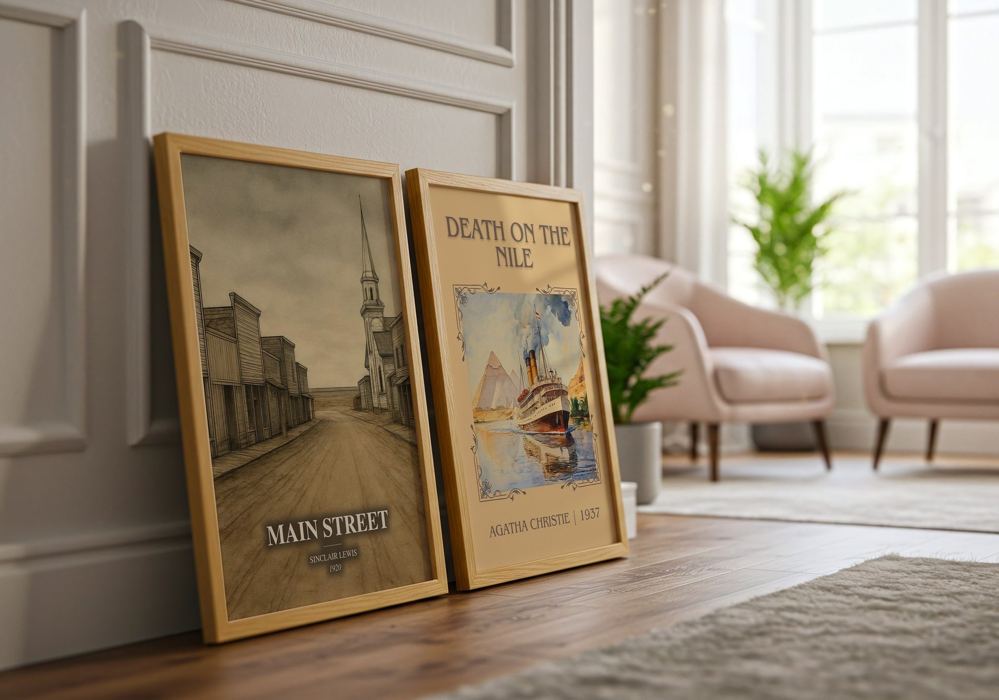 Main Street watercolour print framed by window – literary home decor