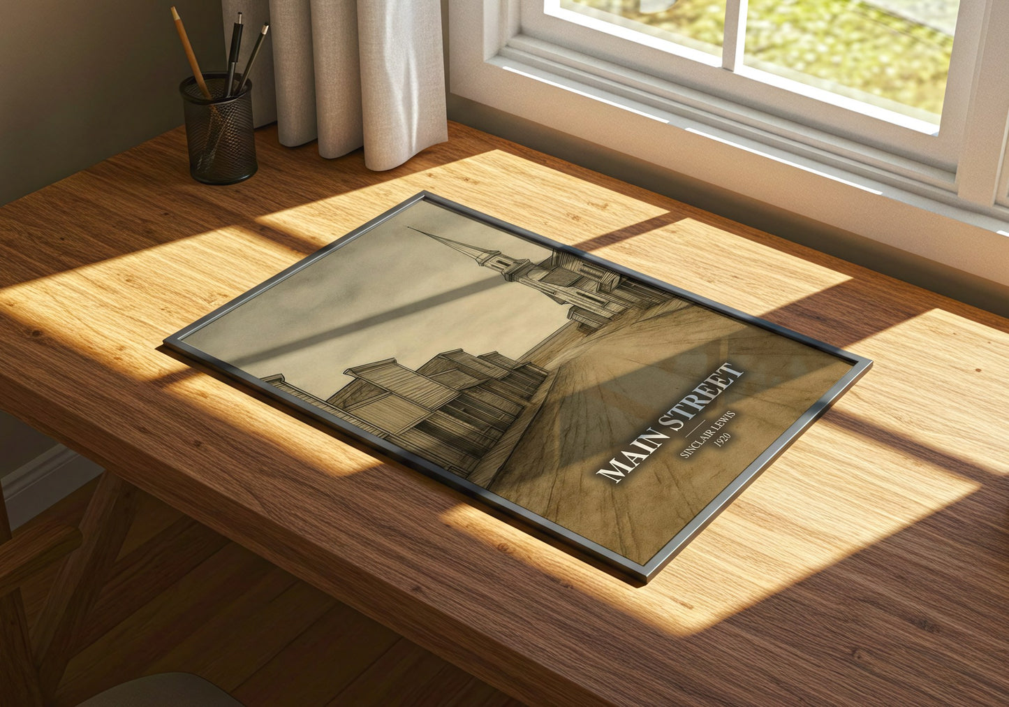Main Street watercolour book poster framed on wall – satire wall art