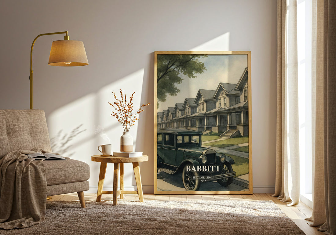Babbitt watercolour print in frame leaning in hallway – satire wall art (mockup)