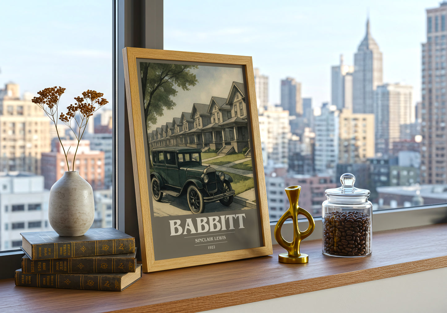 Babbitt book cover print framed by window – literary home decor