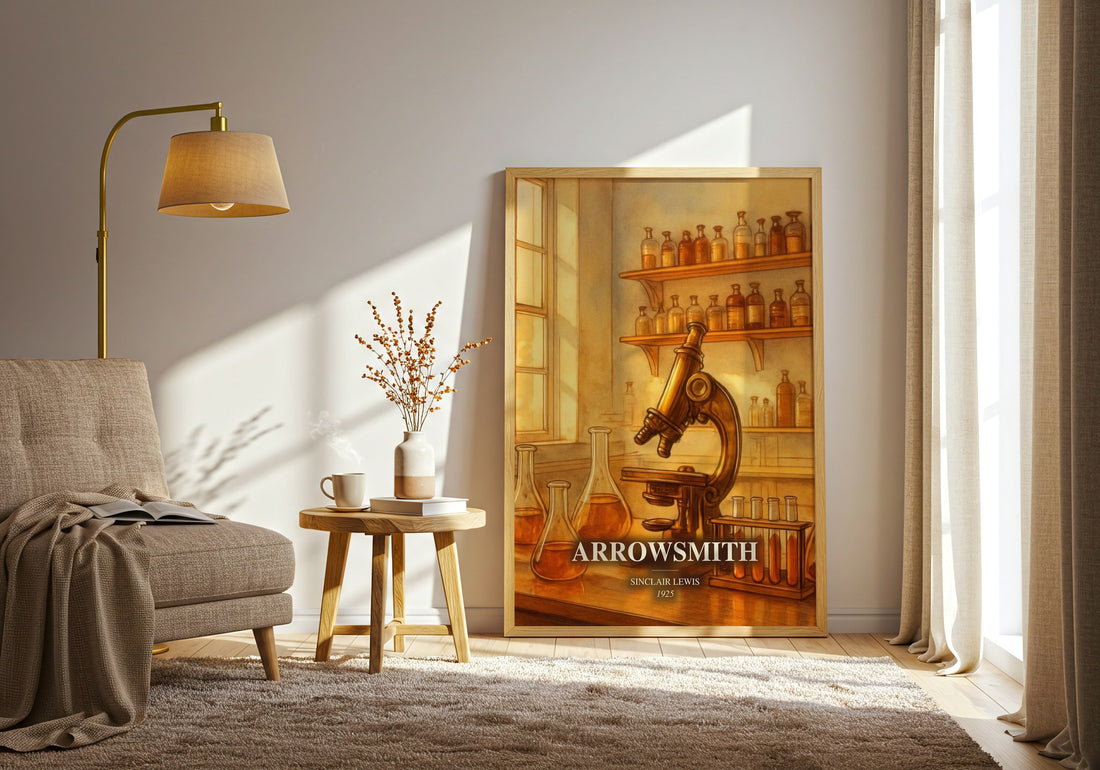 Arrowsmith watercolour print in frame leaning in hallway – satire wall art (mockup)