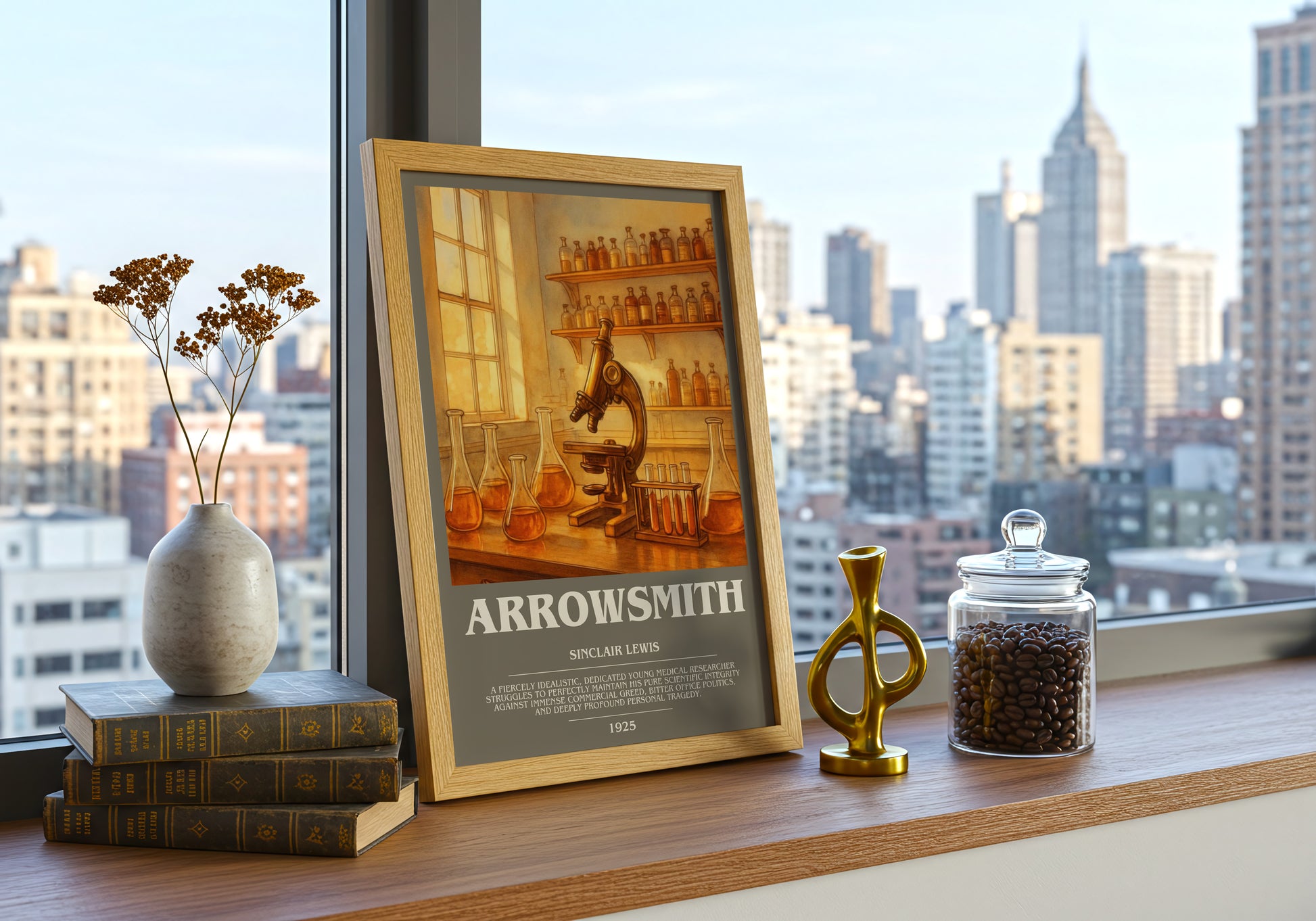 Arrowsmith bookish print framed by window – literary home decor