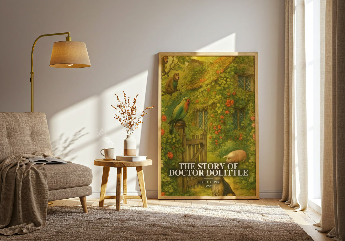 The Story Of Doctor Dolittle watercolour print in frame leaning in hallway – childrens wall art