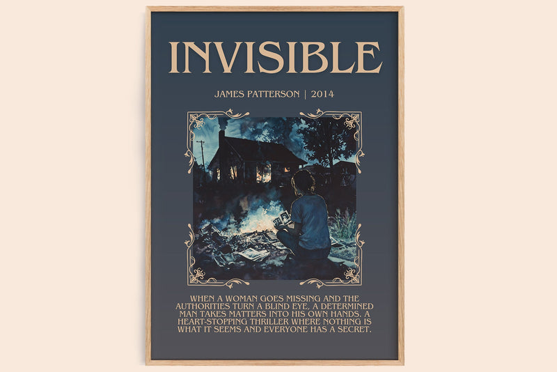 Invisible minimalist book poster by James Patterson – framed literary art print