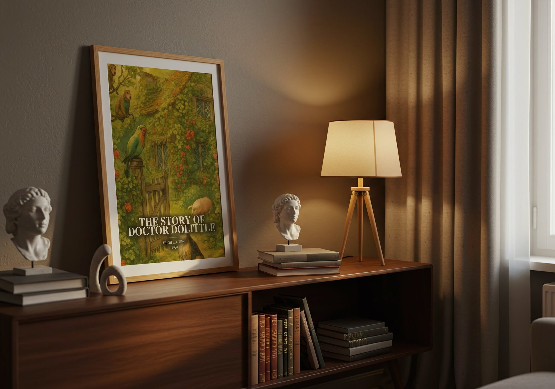The Story Of Doctor Dolittle watercolour print on bookshelf – Hugh Lofting fan gift