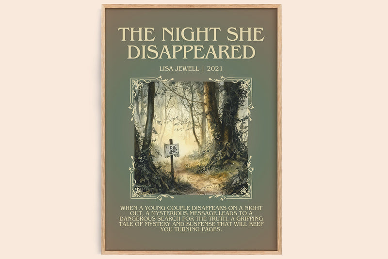 The Night She Disappeared minimalist book poster by Lisa Jewell – framed literary art print