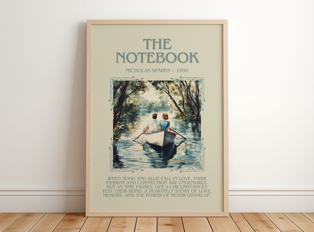 The Notebook Minimalist Book Poster by Nicholas Sparks – framed print leaning on a wooden floor