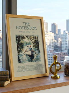 The Notebook Minimalist Book Poster by Nicholas Sparks – framed print on a city-view windowsill