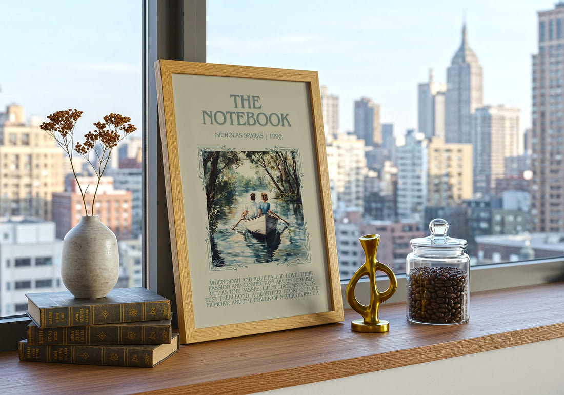 The Notebook Minimalist Book Poster by Nicholas Sparks – framed print on a city-view windowsill