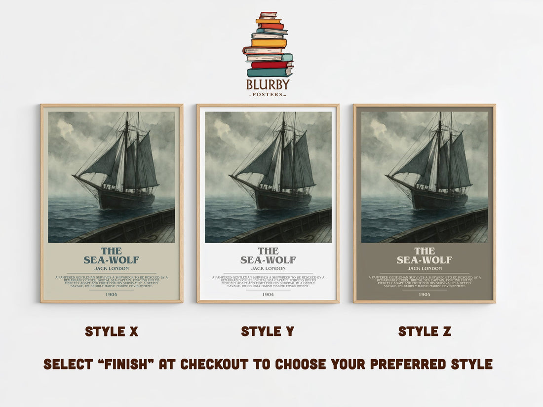 The Sea-Wolf bookish print in frame leaning in hallway – adventure wall art (mockup)
