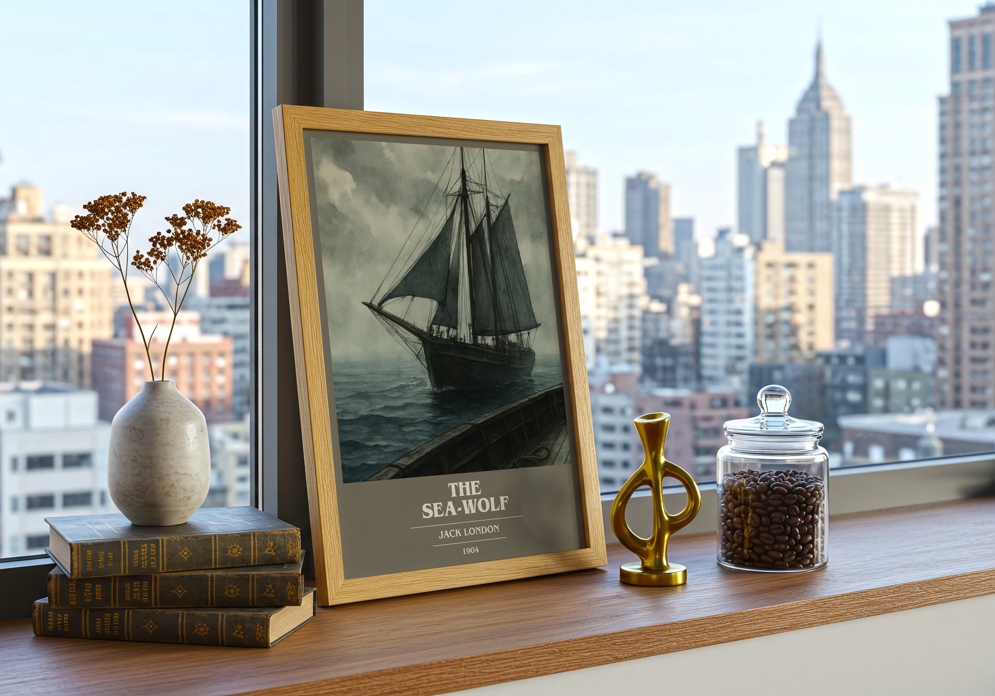 The Sea-Wolf book cover print framed by window – literary home decor
