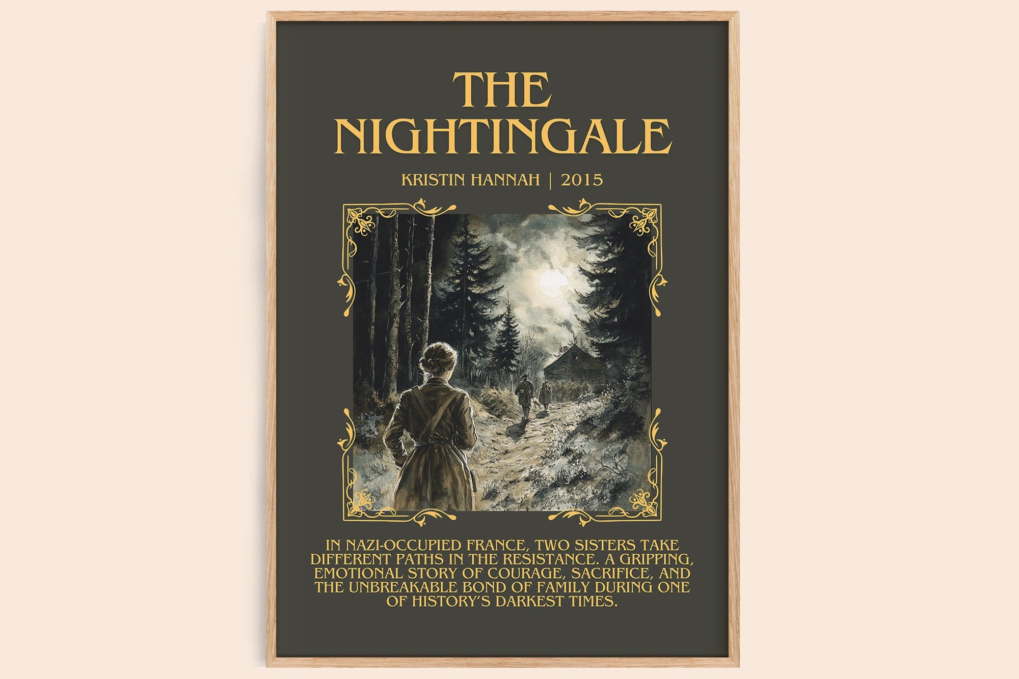 The Nightingale minimalist book poster by Kristin Hannah – framed literary art print