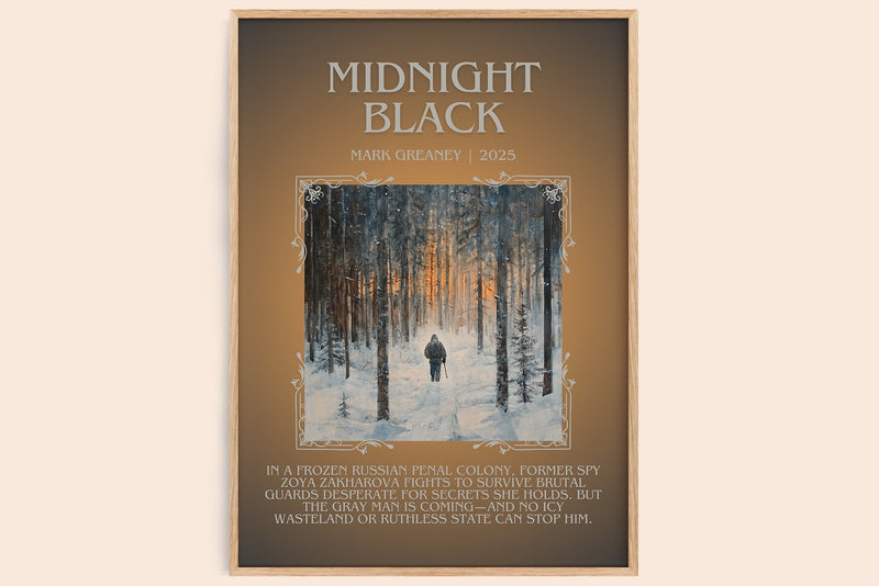 Midnight Black minimalist book poster by Mark Greaney – framed literary art print