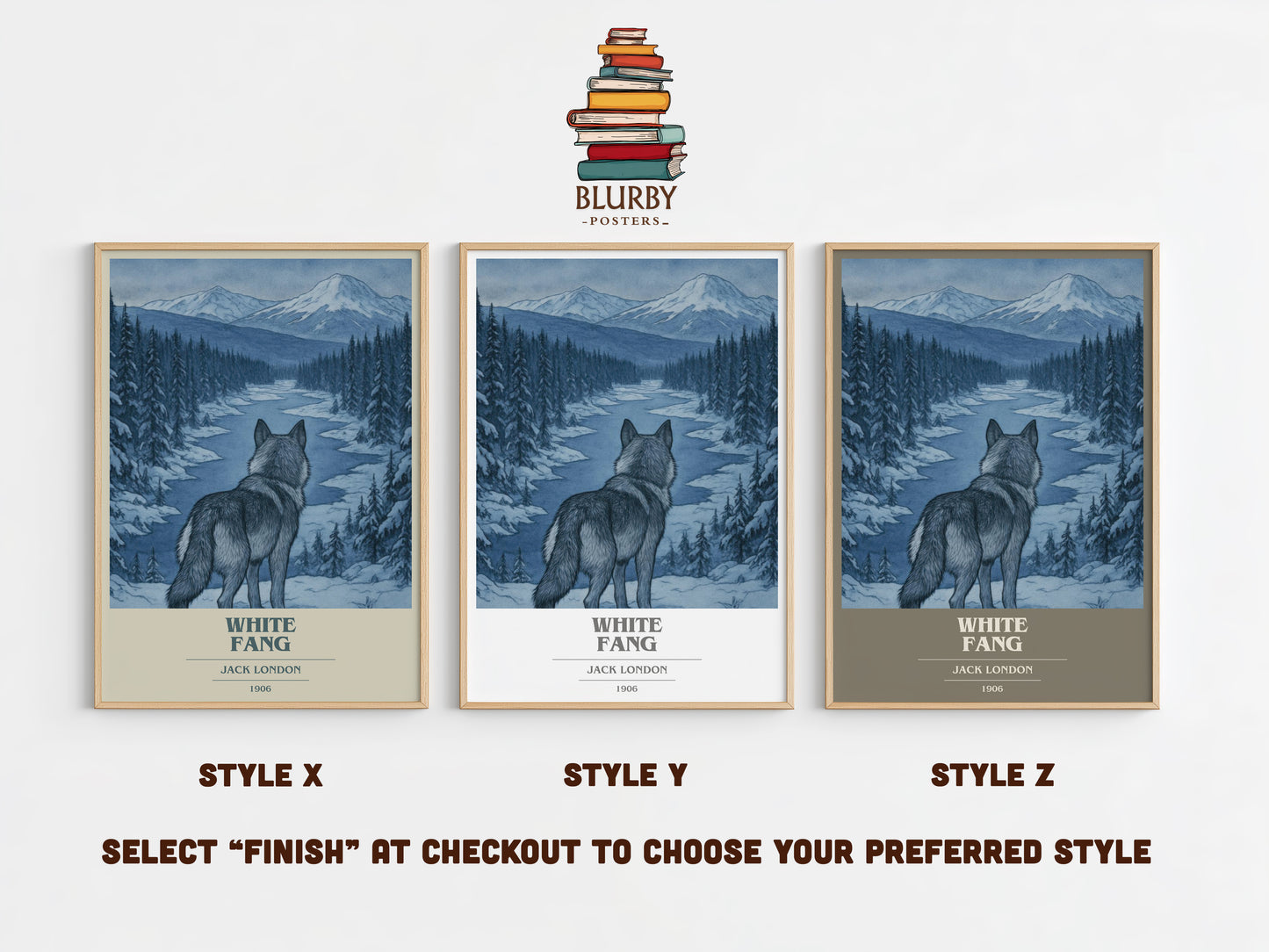 White Fang book cover print in frame leaning in hallway – adventure wall art