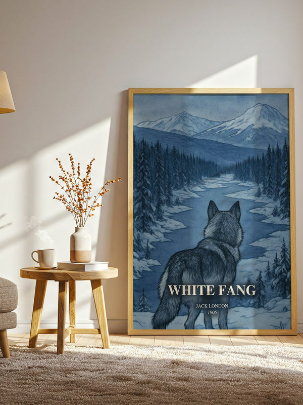 White Fang watercolour print in frame leaning in hallway – adventure wall art