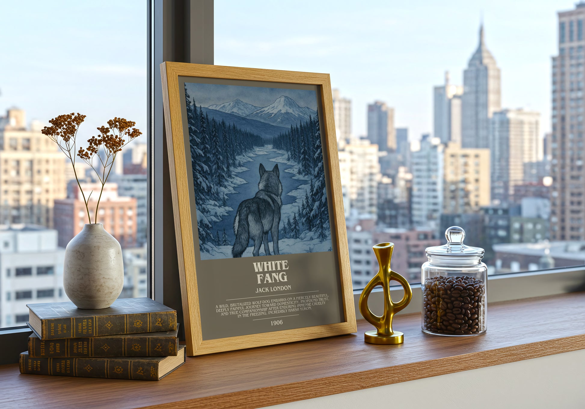 White Fang bookish print framed by window – literary home decor