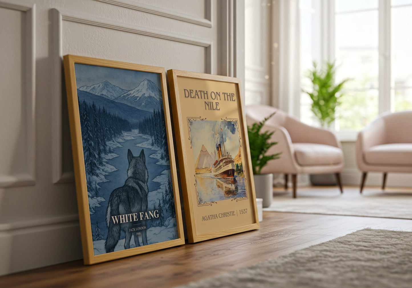 White Fang watercolour print framed by window – literary home decor